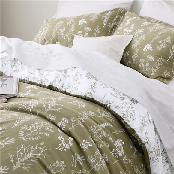 Bedsure King Comforter Set - Olive Green Bed Set, 3 Pieces Cute Floral Bedding, - Picture 3 of 14